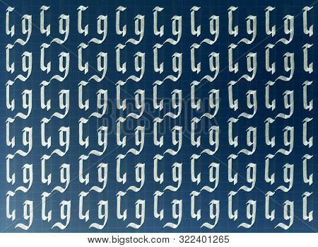 Calligraphic White On Dark Blue Letter G Learning Skills Paper Page. Calligraphy Letters G Backgroun