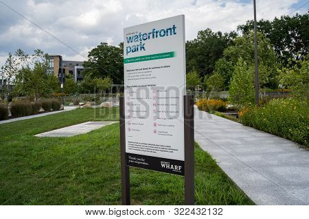 Washington, Dc - August 7, 2019: Sign For The Waterfront Park Located In The District Wharf Area On 