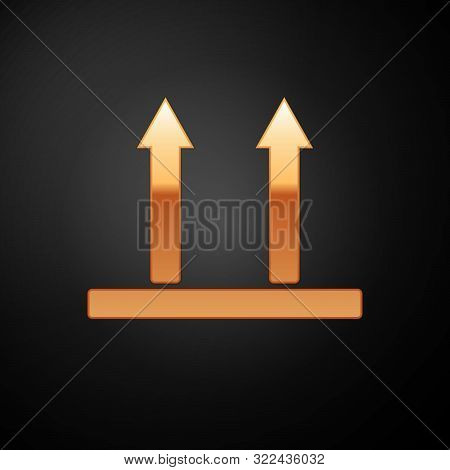 Gold This Side Up Icon Isolated On Black Background. Two Arrows Indicating Top Side Of Packaging. Ca