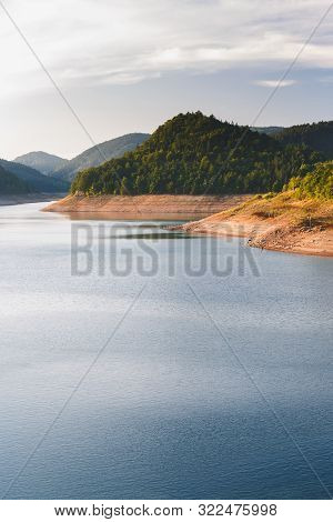 Tara National Park ,lake Zaovine During Sunset.  Nature Outdoors Travel Destination,  Tara Mountain,