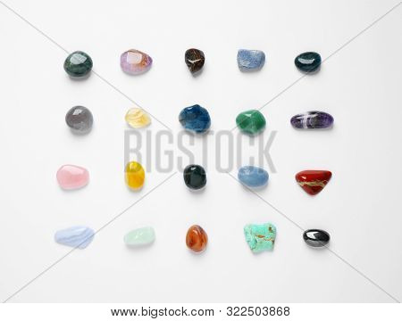 Different Gemstones On White Background, Top View