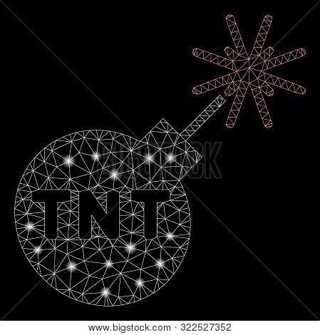 Glowing Mesh Tnt Bomb With Glitter Effect. Abstract Illuminated Model Of Tnt Bomb Icon. Shiny Wire C