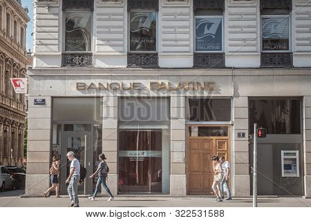 Lyon, France - July 13, 2019: Banque Palatine Logo In Front Of Their Main Office In Lyon. It Is A Fr