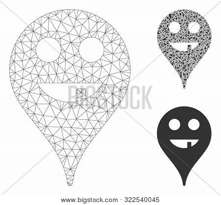 Mesh Toothless Smiley Map Marker Model With Triangle Mosaic Icon. Wire Frame Triangular Mesh Of Toot