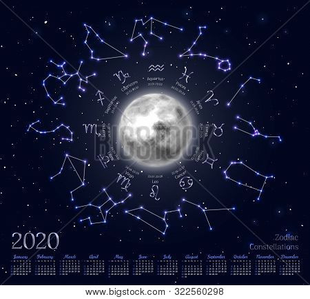 Astrology Calendar For 2020 Year With Zodiacal Circle. Lighted Moon, Star Signs With Dates Of Birth 