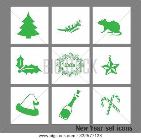 New Year Vector Em Green Icons. Holiday Icons Flat Design Vector Illustration. Happy New Year. Logo 