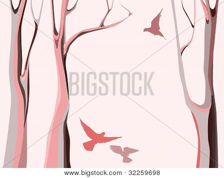 Abstrakti metsän puita ja lentävät linnut