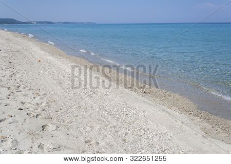 Chaniotis, Kassandra,  Greece - March 31, 2019: Beach Of Village Of Chaniotis At Kassandra Peninsula