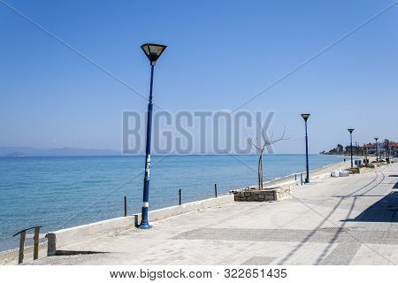 Chaniotis, Kassandra,  Greece - March 31, 2019: Beach Of Village Of Chaniotis At Kassandra Peninsula