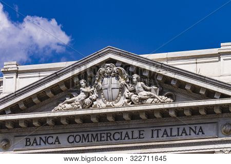 Milan, Italy - April 30, 2017: Detail Of Palace Of The Banca Commerciale Italiana In Milan, Italy. T