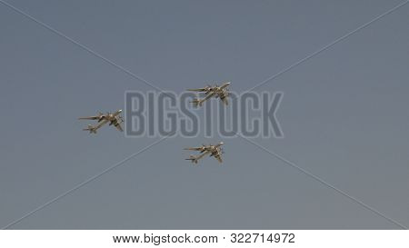 Moscow - May 7: Bombers Tupolev Tu-95 Fly In Sky On Training Parade In Honor Of Great Patriotic War 