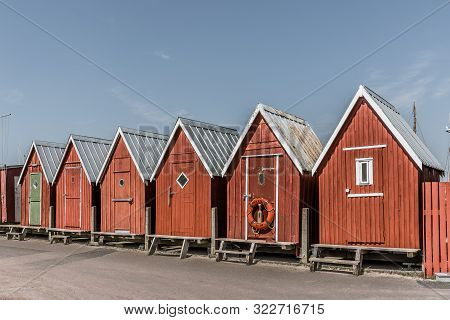 Red Fishermens Huts In A Row At The Harbour Of Faaborg, Denmark, July 12, 2019