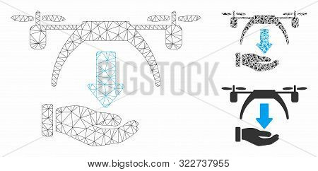 Mesh Unload Drone Model With Triangle Mosaic Icon. Wire Frame Triangular Mesh Of Unload Drone. Vecto