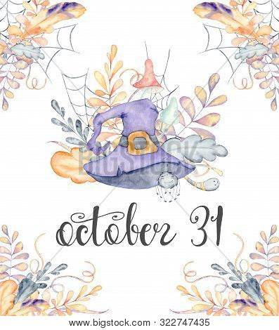 Halloween Watercolor Greeting Card With Cute Charecter  Hand Drawn Illustration