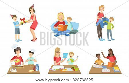 Mother And Son Performing Daily Activities Together Set, Cooking, Reading Book, Making Applique, Giv