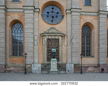 Stockholm, Sweden. September 2019. A View Of The  Olaus Petri Statue In Front Of The Storkyrkan Chur