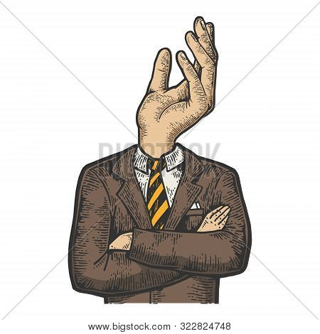 Businessman With Beggar Hand Gesture Instead Head Sketch Engraving Vector Illustration. Tee Shirt Ap