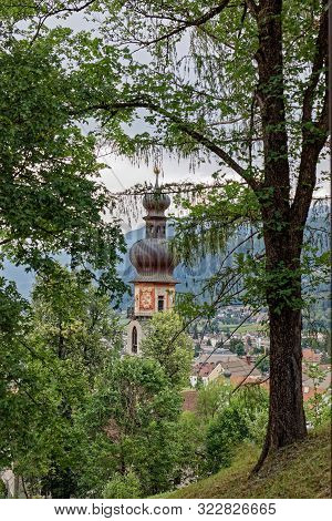View On The Rainkirche Church Bell Tower (chiesa Santa Caterina) Bruneck/brunico, South Tirol, Italy