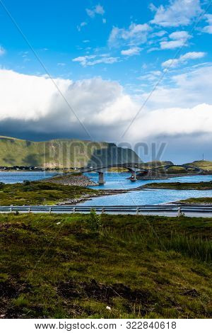 Landscape Panoramic View To Fredvang Bridge, Torvoya And Buoya Islands And Hovdanvika Bay At Lofoten
