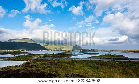 Landscape Panoramic View To Fredvang Bridge, Torvoya And Buoya Islands And Hovdanvika Bay At Lofoten