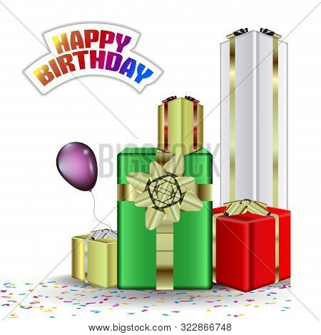Purpple Balloon And Gift Boxes With Happy Birthday Text - Vector