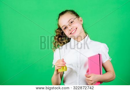 Child Study Bilogy Lesson With Note. Small Smart Girl With Testing Flask. Back To School. Education 