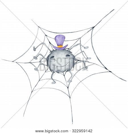 Halloween Watercolor Illustration With Cute Charecter Spider Hand Drawn Illustration