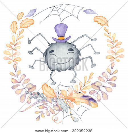 Halloween Watercolor Illustration With Cute Charecter Spider Hand Drawn Illustration