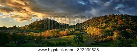 Panorama Of Hills With Old Castle. Beautiful Autumn Colors.
