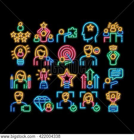 Human Talent Elements Neon Light Sign Vector. Glowing Bright Icon Idea And Target, Diamond And Star,