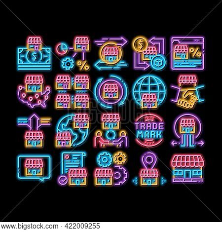Franchise Business Neon Light Sign Vector. Glowing Bright Icon Franchise And Trade Mark, Wideworld B