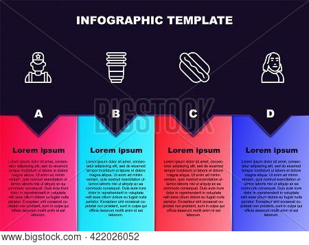 Set Line Sheriff Cowboy, Paper Glass, Hotdog Sandwich And Benjamin Franklin. Business Infographic Te