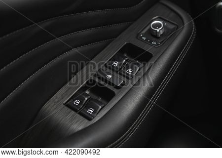 Novosibirsk, Russia - May 29, 2021: Haval F7, Interior Of Modern Car. Side Door Buttons: Window, Mir