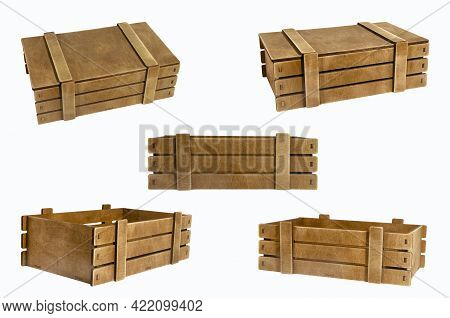 Set Of Wooden Boxes Isolated On A White Background.