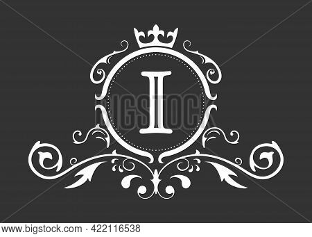 Stylized Letter I Of The Latin Alphabet. Monogram Template With Ornament And Crown For Design Of Ial