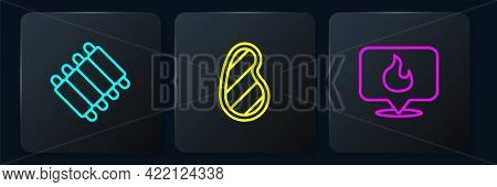 Set Line Grilled Pork Bbq Ribs, Location With Fire Flame And Steak Meat. Black Square Button. Vector