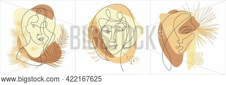 Set Of Abstract Portraits Of Girls In One Line In The Style Of Cubism And Picasso Isolated On White 