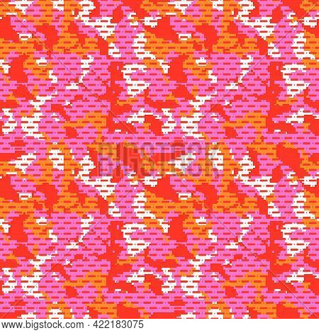 Fashionable Digital Camo With Dotted Line Firmware, Colorful Seamless Pattern. Bright Pink And Orang