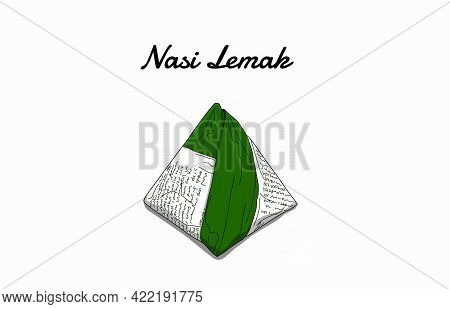 The Illustration Of Nasi Lemak Is Wrapped With Pisan Leaves And Newspaper