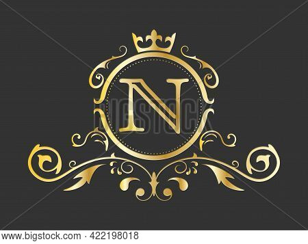 Golden Stylized Letter N Of The Latin Alphabet. Monogram Template With Ornament And Crown For Design