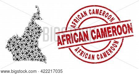 African Cameroon Grunged Badge, And Cameroon Map Collage Of Aircraft Items. Collage Cameroon Map Des