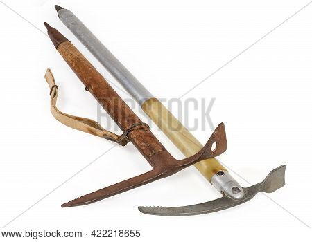 Old Ice Axe With Long Aluminum Shaft With Plastic Grip And Vintage Ice Axe With Wooden Handle, Manuf