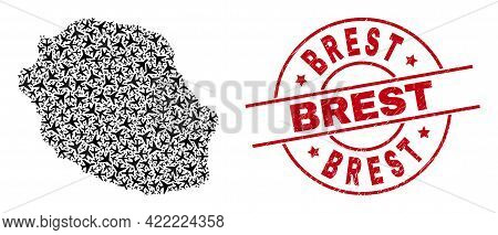 Brest Rubber Seal Stamp, And Reunion Island Map Mosaic Of Jet Vehicle Elements. Mosaic Reunion Islan