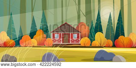 Red Wooden Hut In The Deep Fores. Autumn Forest Landscape. Vector Illustration