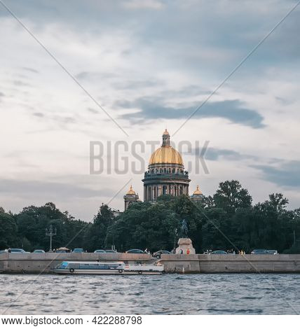 Saint-petersburg, Russia, 03 September 2020: Motor Ship Near The Embankment On The Neva River.