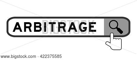 Search Banner In Word Arbitrage With Hand Over Magnifier Icon On White Background