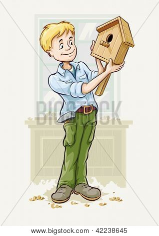 ragazzo ha fatto una casa di legno di storno per gli uccelli. Illustrazione vettoriale. EPS10