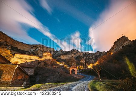Mtskheta, Georgia. Medieval Monastic Shio-mgvime Monastery Shiomgvime Complex Under Autumn Night Sta