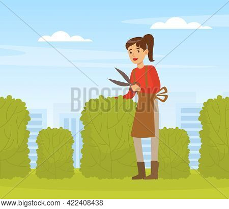Young Woman Trimming Hedge With Shears, Female Gardener Working In Garden Vector Illustration