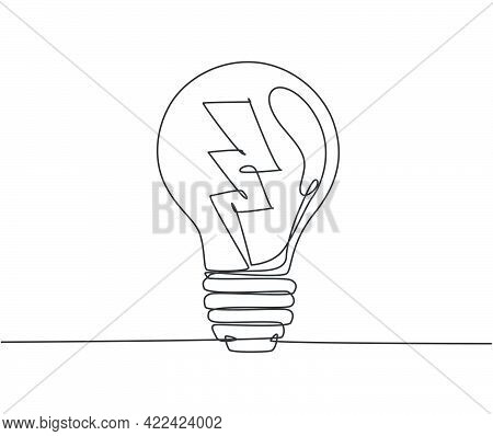 One Single Line Drawing Of Light Bulb With Thunder Bolt Logo Identity. Power Energy Electricity Logo